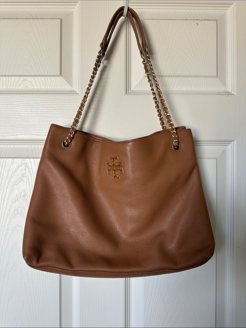 Tory Burch Pebbled Leather Chain-Handle Tote - Cognac Brown